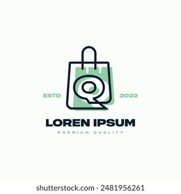 Line art shopping bag whose lines seamlessly connect with the letter Q. Suitable for representing all shopping, with a modern vibe.