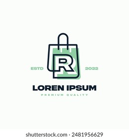 Line art shopping bag whose lines seamlessly connect with the letter R. Suitable for representing all shopping, with a modern vibe.