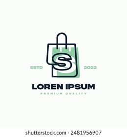 Line art shopping bag whose lines seamlessly connect with the letter S. Suitable for representing all shopping, with a modern vibe.