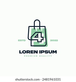 Line art shopping bag whose lines seamlessly connect with the number 4. Suitable for representing all shopping, with a modern vibe.