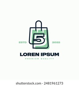 Line art shopping bag whose lines seamlessly connect with the number 5. Suitable for representing all shopping, with a modern vibe.