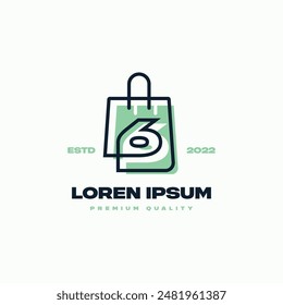 Bolso de compras Line art cuyas líneas se conectan perfectamente con el número 6. Adecuado para representar todas las compras, con un ambiente moderno.