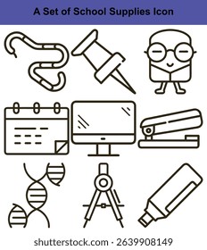 Line art showcasing school supplies icons, including a paper clip, push pin, calendar, computer, DNA strand, compass, marker, stapler and smiling robot character.