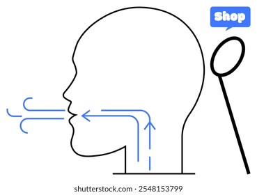 Line art showing airflow from a human profile, through the mouth, and exiting. Ideal for health illustrations, medical guides, educational materials, respiratory system studies, and airflow dynamics