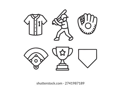 Line art showing baseball essentials: jersey, bat, glove, home plate, trophy, and diamond.