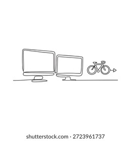 Arte de línea que muestra dos monitores de computadora y una bicicleta sobre un fondo blanco