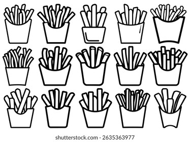 Line art shows fifteen different variations of french fries in paper container illustrations. Each paper container holds fries drawn uniquely, all set against a transparent backdrop.