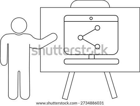 Line art shows a figure presenting a whiteboard with a screen displaying a sharing icon