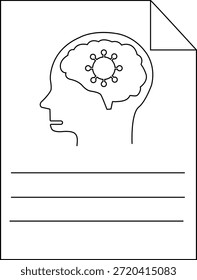 El arte lineal muestra un perfil de la cabeza con un virus en el cerebro y líneas para texto en una página de papel con una esquina doblada