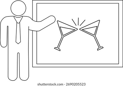 Line art shows a man presenting a board featuring two clinking martini glasses