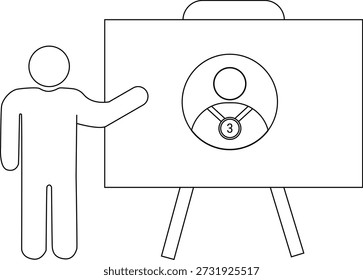 A arte em linha mostra um apresentador gesticulando em direção a um quadro branco com uma figura vestindo uma medalha representada