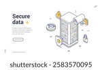 Line art shows a secure data center with surveillance cameras and locks. Security measures to protect digital information from threats. Line art isometric web banner, landing page template
