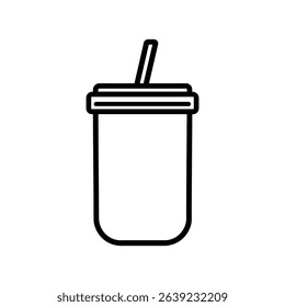 Line art shows a takeout drink cup with a straw, drawn in black outline. The cup is topped with a lid featuring a short straw, set against a transparent background.