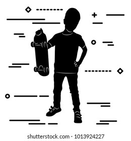 line art silhouette of a boy standing with a skateboard in his hand