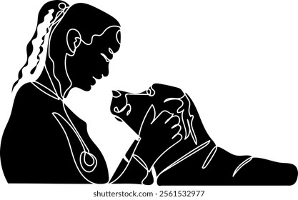 Line Art Silhouette of a Healthy Pet on a Checkup Visit at a Veterinary Clinic with a Caring and Loyal Doctor	