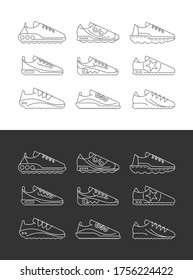 Line art silhouette isolated on a dark grey and on a white backgrounds Fashion Sports Shoes vector icon set.
