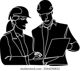 Line art silhouette of a male engineer and female technician talking and using a laptop. Specialized in Monitoring and Analyzing Field Conditions	