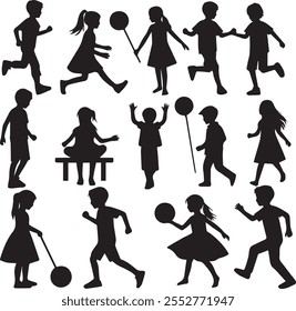 Line art silhouette vector illustration design depicting a group of kids playing together, capturing their joyful energy and carefree spirit in a minimalist style.