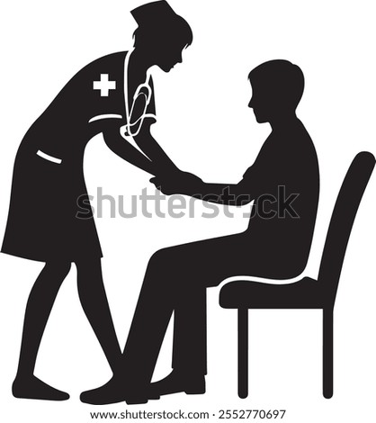A line art silhouette vector illustration design depicting a compassionate nurse helping a patient, capturing the essence of care and professionalism in a minimalist style.