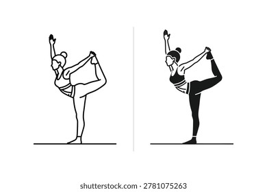 Line art and silhouette vector illustrations of a woman performing the Natarajasana yoga pose. The figure is balanced on one leg with the other leg extended behind and bent.