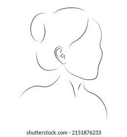 Line art Silhouette of woman face. Simple drawing. Neck. Girl. Hair