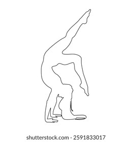 line art silhouette of a yoga pose vector illustration.  The pose is a handstand, with the person's legs straight up in the air and their hands on the ground. The person has long hair that flows down 