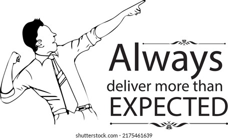 Line art silhouette of young professionals making celebration of his victory in business, Motivational quotes poster with enthusiastic professional man, Always more than expected Typography poster
