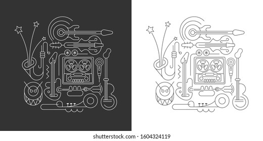 Line art silhouettes isolated on a dark grey and on a white backgrounds Old Tape Recorder and Musical Instruments vector illustrations.