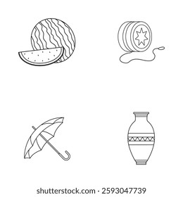 Line art, simple drawings, household objects, watermelon slice, yo-yo with star design, umbrella, decorative vase, black and white illustrations, minimalist style, clean outlines, no shading.