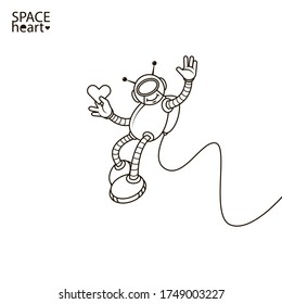 line art simple illustration of cartoon smiley romantic astronaut with a heart in his hand 