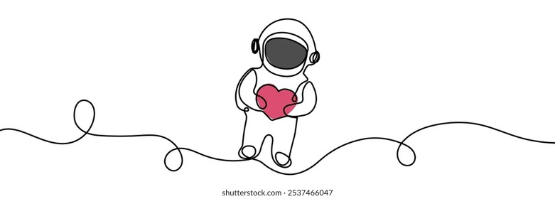 line art simple illustration of cartoon romantic astronaut with a heart in his hand. continuous line drawing