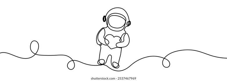 line art simple illustration of cartoon romantic astronaut with a heart in his hand. continuous line drawing