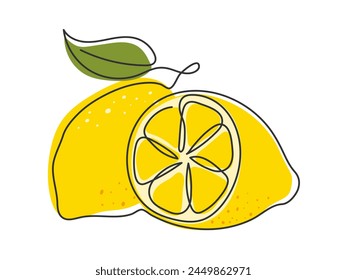 Line art simple illustration of a cut lemon. Abstract continuous line modern style drawn citrus isolated on white. Juicy natural healthy fruit