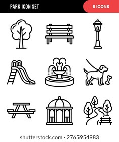 Line Art Simple Park and Recreation Facility Black Icon Set