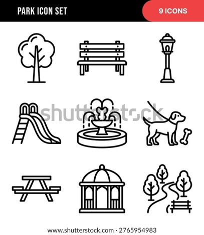 Line Art Simple Park and Recreation Facility Black Icon Set