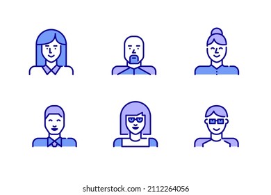 Juego de iconos de perfil de usuario simples de líneas de arte. Niñas, niños y trabajadores profesionales. Toco perfecto, editable, de color