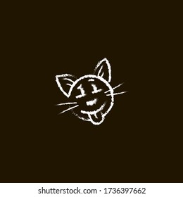 line art simple vector chalk emoticon of funny cat face on a black background