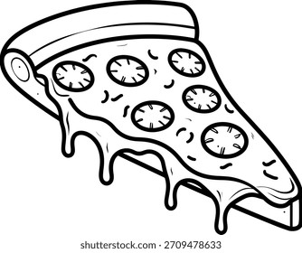 Linha de arte de uma única fatia de pizza, com derretimento de queijo e coberturas redondas clássicas, perfeito para simbolizar desejos de comida de conforto e rápida satisfação refeição
