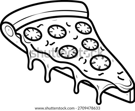 Line art of a single pizza slice, featuring melting cheese dripping and classic round toppings, perfect for symbolizing comfort food cravings and quick meal satisfaction