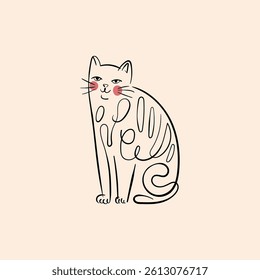 Line art of a sitting cat, adorned with intricate abstract designs, set against a soft beige canvas.