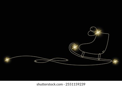 Line Art Skate com Estrelas de Ouro Brilhante. Luxo Rico Glamour Convite Cartão. linha Arte isolada em preto. Efeito de textura brilhante dourado. Presente de Natal brilhante Blink Star Natal.