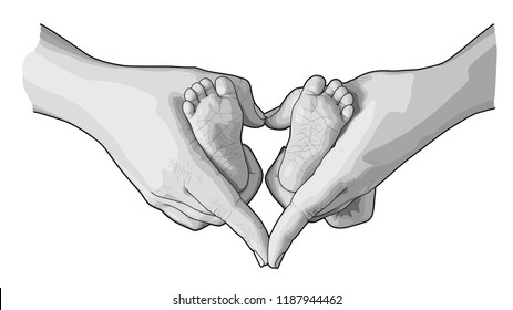 Line art sketch of baby feet in mother hands, Happy maternity concept, Hand drawn vector illustration