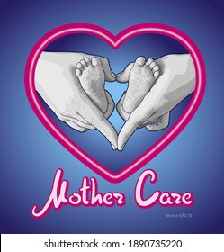 Line art sketch of baby feet in mother hands