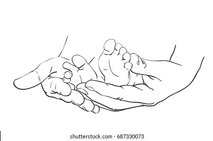 Line art sketch of baby feet in mother hands, Happy family maternity concept, Hand drawn vector illustration