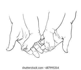 Line art sketch of baby feet in mother hands, Happy maternity concept, Hand drawn vector illustration
