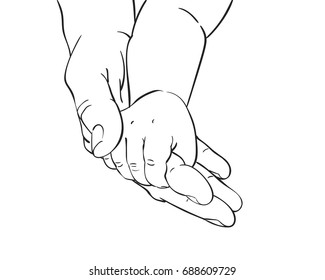 Line art sketch of baby tiny hand holding mother hand, Happy maternity concept of love and family, Hand drawn vector illustration isolated on white background