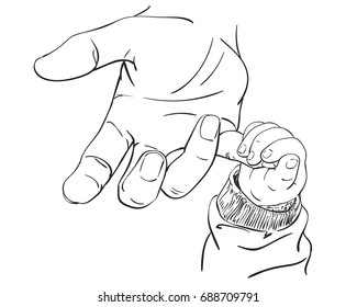 Line art sketch of baby tiny hand holding mother finger, Happy maternity concept of love and family, Hand drawn vector illustration isolated on white background