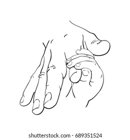 Line art sketch of baby tiny hand holding mother finger, Happy maternity concept of love and family, Hand drawn vector illustration isolated on white background