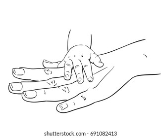 Line art sketch of baby tiny hand lies on mother hand, Happy maternity concept of love and family, Hand drawn vector illustration isolated on white background