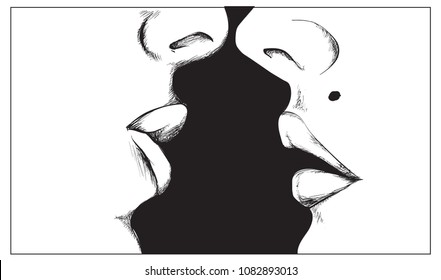 Line art sketch of close up of kissing 